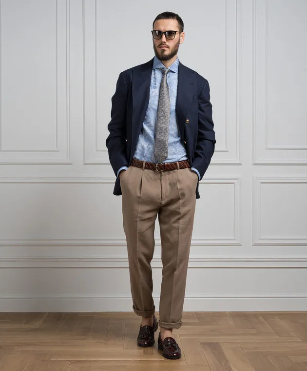 Brunello Cucinelli Blue shirt with linen in a tropical pattern