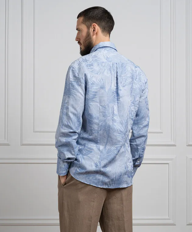 Brunello Cucinelli Blue shirt with linen in a tropical pattern