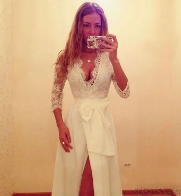 Deep V Side Slit Middle Sleeve Long Dresses 